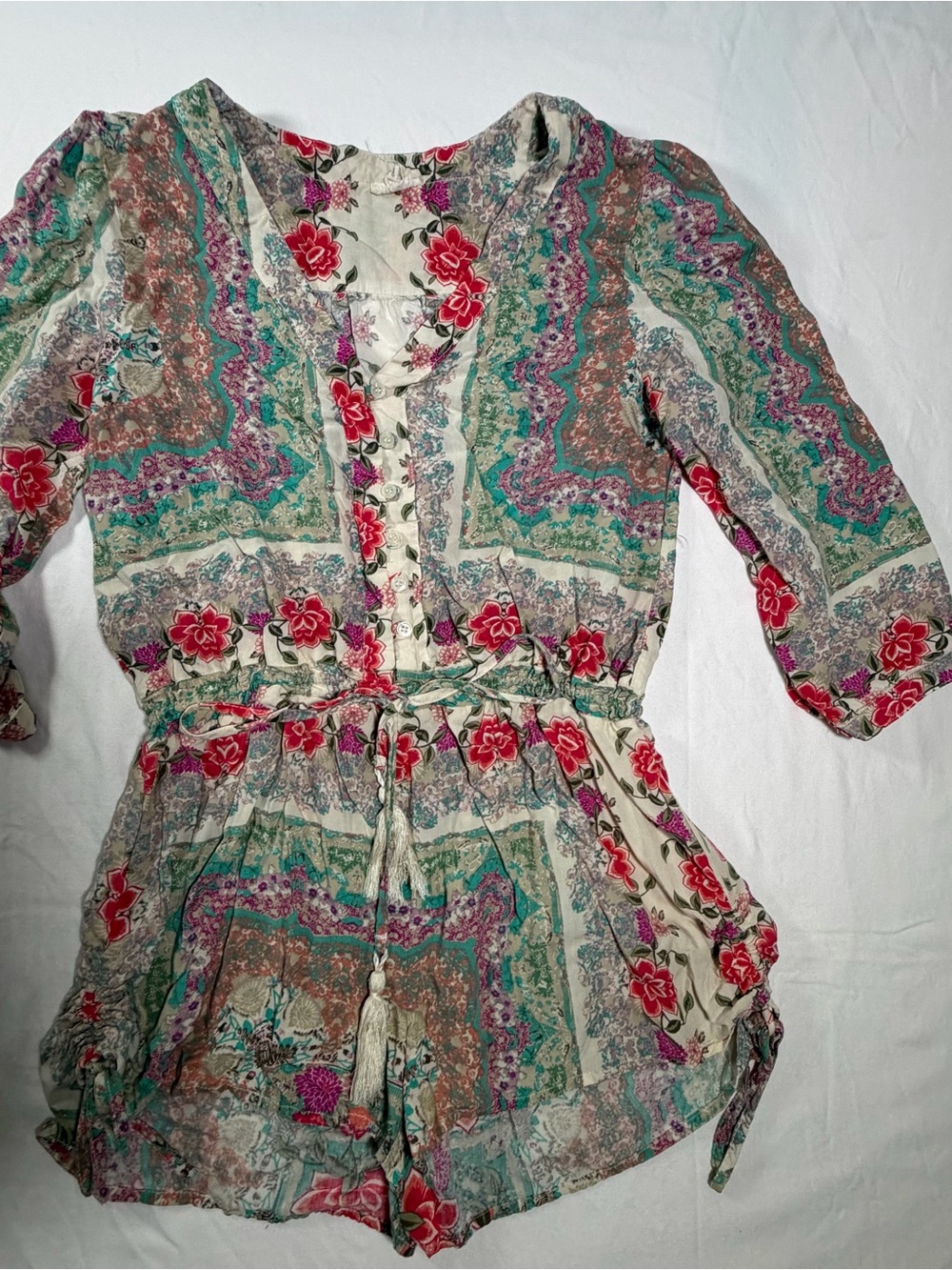 Floral Print Tie-Waist Romper - Cream with Red & Teal
